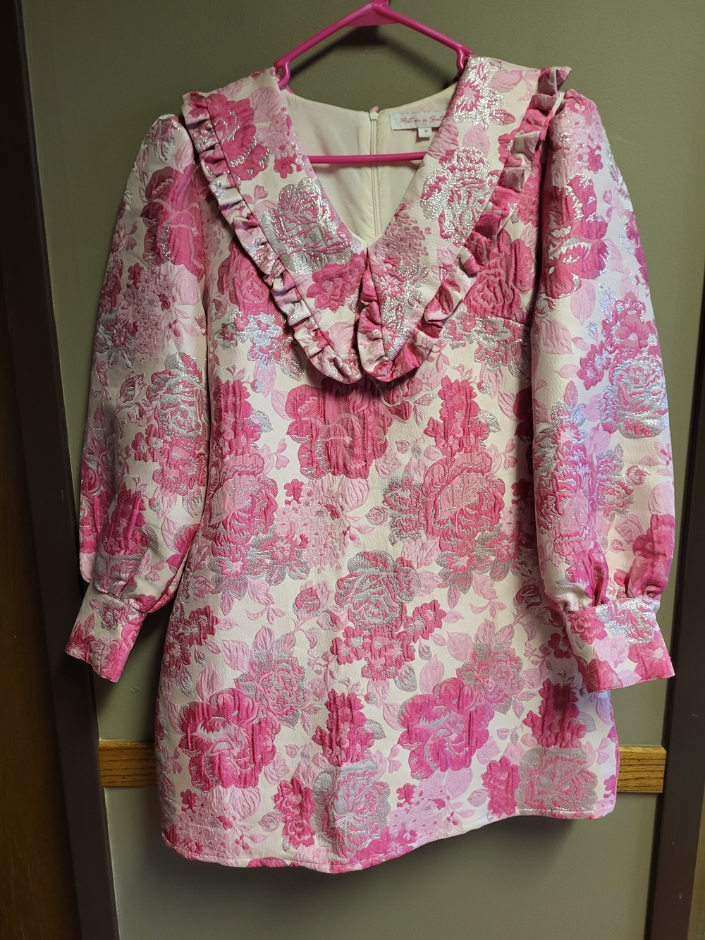 Pink Floral Jacquard Mini Dress with Ruffle Collar
